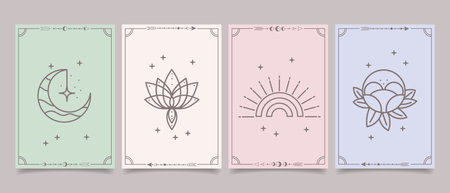 Set of esoteric mystical posters with spiritual symbols, moon, sun, stars. Templates on light and dark backgrounds, boho style. Vectorのイラスト素材