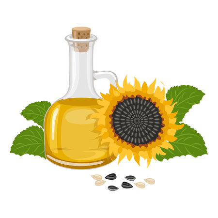 Sunflower set. Sunflower oil, sunflower plant, seeds in a canvas bag, wooden spoon and bowl. Agriculture, food. Vectorのイラスト素材
