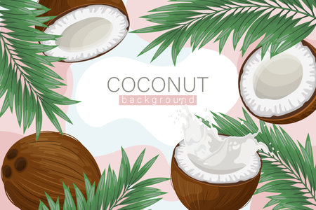 Coconut background. Cosmetic label background, realistic coconut milk, coconut and palm leaves on abstract pink texture. Beach poster. Vectorのイラスト素材
