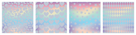 Set of geometric seamless patterns on holographic neon. Shiny hologram texture. Foil pattern. Metallic gradient. Vectorのイラスト素材