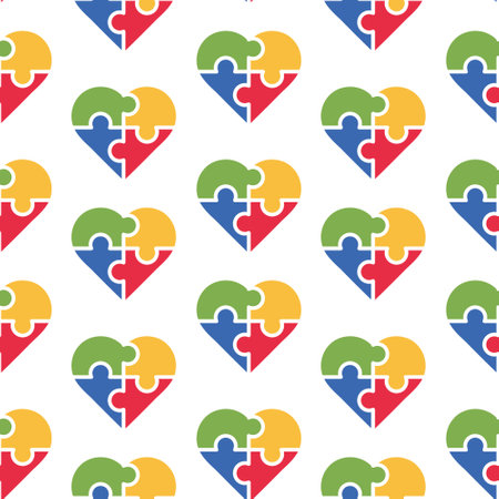 Seamless pattern, multi-colored hearts puzzles on a white background. Print, textile, vectorのイラスト素材