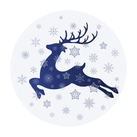 Christmas card with deer in white snowflakes, silhouette. Festive winter illustration, vectorのイラスト素材