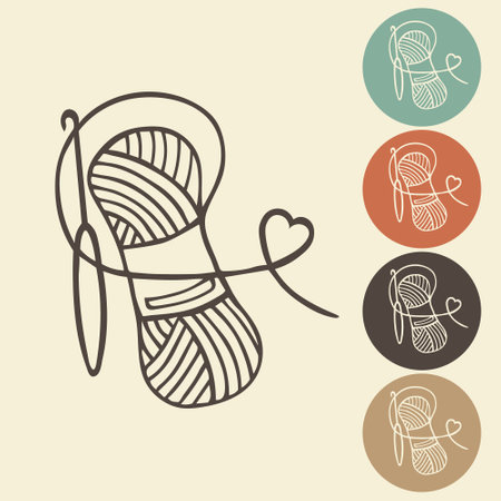 Knitting and crocheting icon in different variations. A skein, a ball of thread, a hook and knitting needles. sketch, vectorのイラスト素材