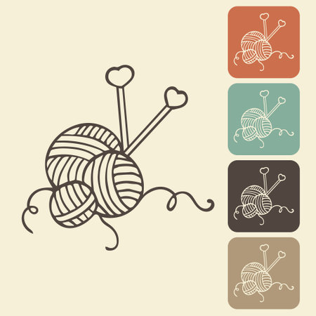 Knitting and crocheting icon in different variations. A skein, a ball of thread, a hook and knitting needles. sketch, vectorのイラスト素材