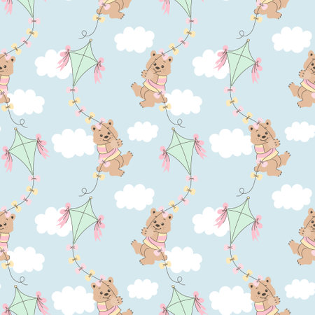 Seamless pattern, cute cartoon bears fly on a kite in the sky with clouds. Baby background, print, textile, vectorのイラスト素材