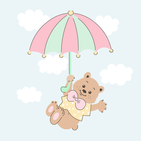 Cute cartoon teddy bear flying with an umbrella in the sky with clouds. Baby illustration, postcard, print, vectorのイラスト素材