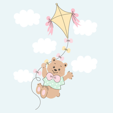 Cute cartoon teddy bear flying on a kite in the sky with clouds. Baby illustration, postcard, print, vectorのイラスト素材