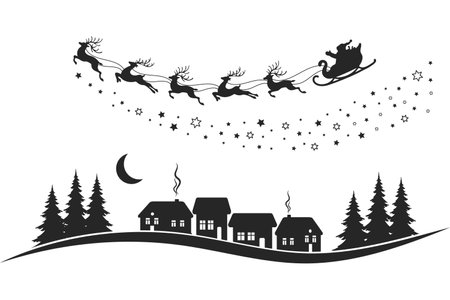 Santa on a sleigh with reindeers in the sky with the moon, winter landscape, silhouette on a white background. Christmas illustration, vectorのイラスト素材