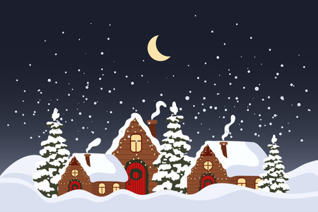Winter landscape with cute houses and night sky with moon. Merry Christmas greeting card template. Illustration in flat style. Vectorのイラスト素材