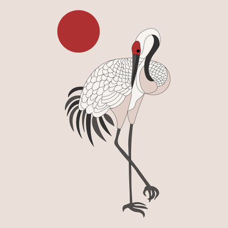 White crane, stork on a background with the moon. Retro style poster, postcard, vectorのイラスト素材