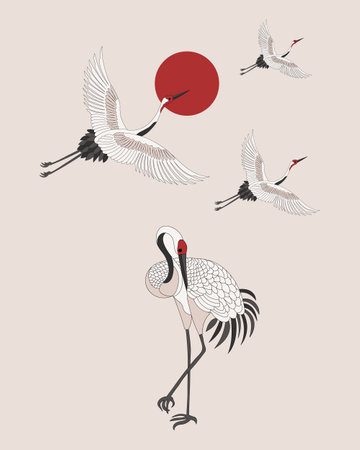 White flying cranes, storks in the sky with the moon. Retro style poster, postcard, vectorのイラスト素材