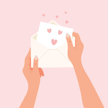 A letter in a postcard envelope with hearts in hands on a pink background. Lovers letter design for Valentine's Day, vectorのイラスト素材