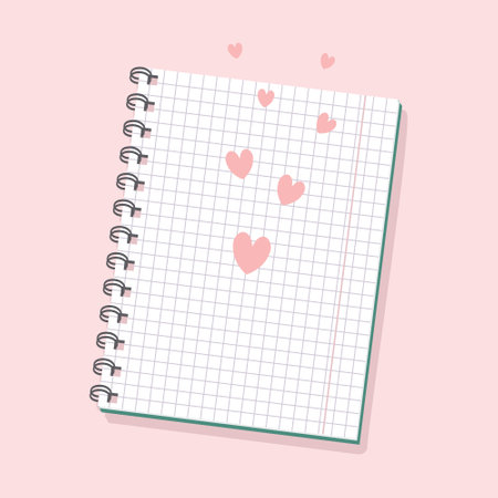 White checkered notebook with hearts on a pink background. Lovers letter design for Valentine's Day, vectorのイラスト素材