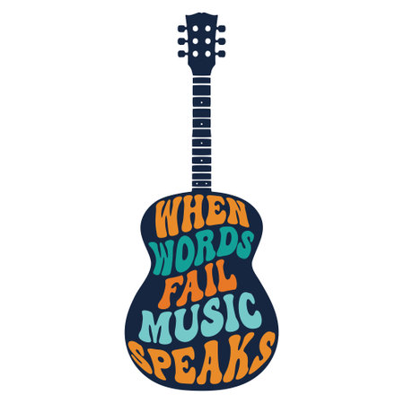 Lettering, musical quote in the form of a silhouette of a classical acoustic guitar. Retro poster in boho style, vectorのイラスト素材