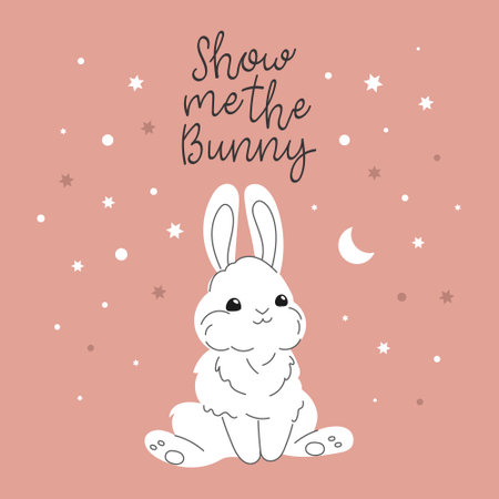 Cute white bunny and calligraphic lettering on a background of stars. Greeting card for Valentine's Day, Easter, birthday. Vectorのイラスト素材