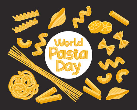World Pasta Day. Congratulatory text made from pasta on a background of different types of Italian pasta. Poster, vectorのイラスト素材