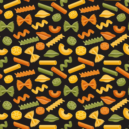 Seamless pattern with different types of Italian pasta. Food background, restaurant menu.のイラスト素材