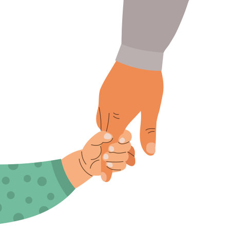 The father's hand holds the baby's hand. Child's hand in dad's hand. Illustration, vectorのイラスト素材