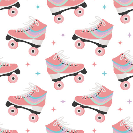 Seamless pattern with cute retro roller skates. Vintage texture for children's textiles, wrapping paper. Cartoon background for girls. Vectorのイラスト素材