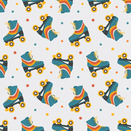 Seamless pattern with cute retro roller skates. Vintage background for children's textiles, wrapping paper. Cartoon background for girls. Vectorのイラスト素材