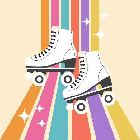 Vintage roller skates on a rainbow background. Retro icon, illustration in flat cartoon style. Vectorのイラスト素材
