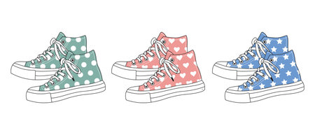 Set of sports sneakers. Retro icons, illustration in flat cartoon style. Men's and women's shoes. Vectorのイラスト素材