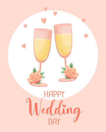 Wedding card. Glasses with champagne, flowers and hearts. Greeting template, invitation, vectorのイラスト素材
