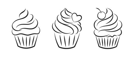 Set of linear cupcake silhouettes, line art, clipart isolated on white background. Sweet desserts. Food illustration, vectorのイラスト素材