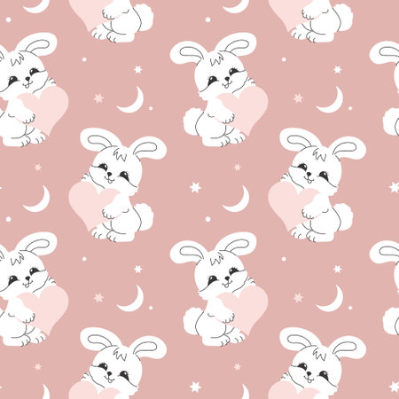 Seamless pattern with cute white bunnies on a pastel background with stars. Baby print, design for Nursery bedroom. Vectorのイラスト素材