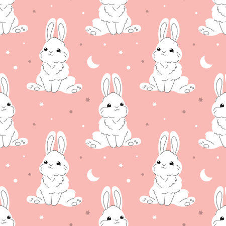 Seamless pattern with cute white bunnies on a pastel background with stars. Baby print, design for Nursery bedroom. Vectorのイラスト素材