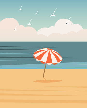 Seascape, colorful parasol on the sea beach. Summer illustration, vectorのイラスト素材