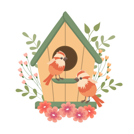 Cute birdhouse with birds, decorated with flowers and leaves. Spring clip art in flat cartoon style. Spring holiday illustration. Vectorのイラスト素材