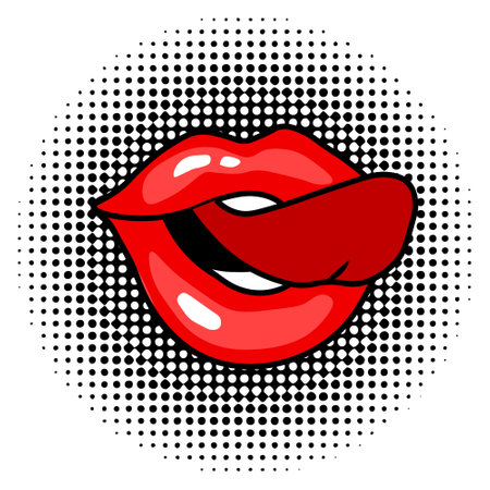 Red female lips on a dotted retro background. Vintage illustration in 90s pop art style. Sticker, vectorのイラスト素材