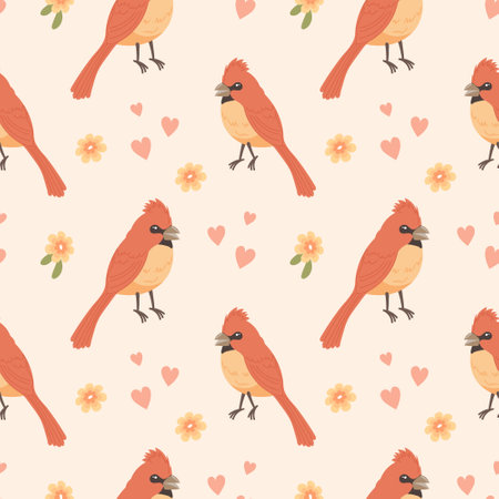 Seamless pattern with cute birds, hearts and flowers. Background, print. Vector illustration.のイラスト素材