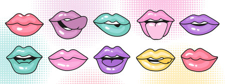 Set of lips in 90s pop art style. Vintage illustration of female mouths in different emotions for stickers, logos, prints. Vectorのイラスト素材