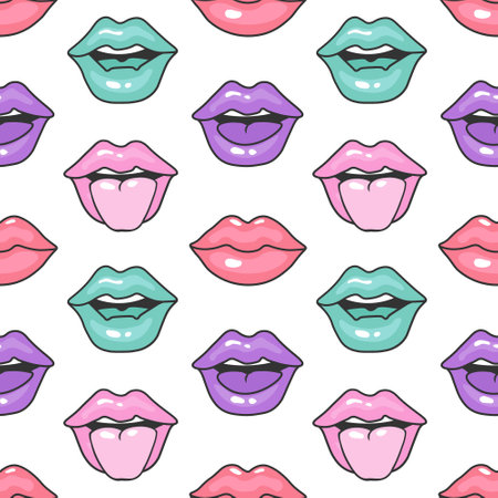 Seamless pattern, lips in 90s pop art style. Vintage illustration of women's mouths in different emotions for prints. Retro background. Vectorのイラスト素材