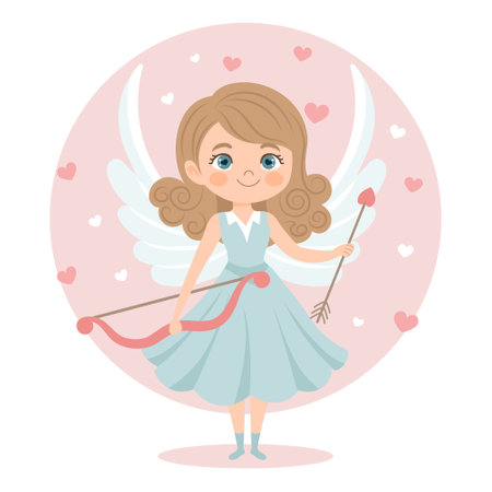 Cute girl cupid character with bow and arrow, angel girl. Valentine's Day card, pastel colors. Vector illustration in flat cartoon styleのイラスト素材