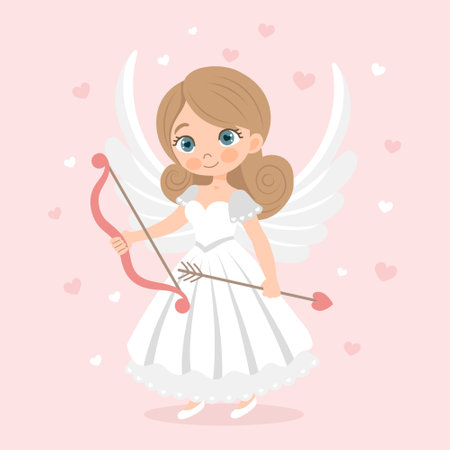 Cute cupid girl with bow and arrow, angel girl, cherub. Valentine's Day card, pastel colors. Vector illustration in flat cartoon styleのイラスト素材