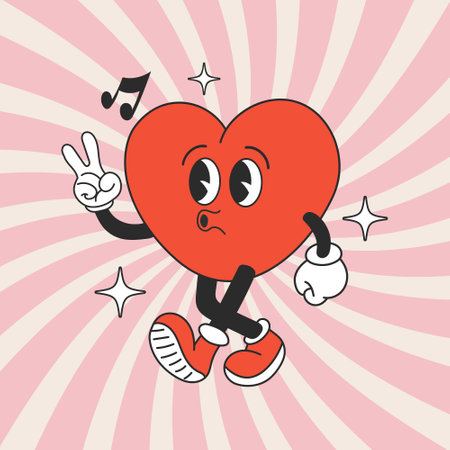 Heart funny cartoon character on retro background. Cartoon heart mascot. Fashionable smiley face in retro style. Vectorのイラスト素材