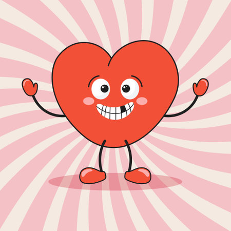 Heart funny cartoon character on retro background. Cartoon heart mascot. Fashionable smiley face in retro style. Vectorのイラスト素材