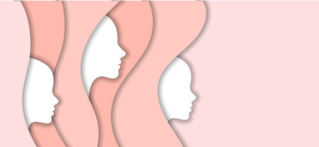 Greeting card template for Women's Day March 8th. Female profile silhouettes with shadow, cut paper effect. Pink pastel shades. Vectorのイラスト素材