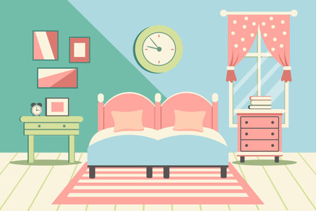 Cozy bedroom. Bedroom interior: bed with pillows, carpet, bedside tables, wardrobe, window. Flat illustration. Vectorのイラスト素材