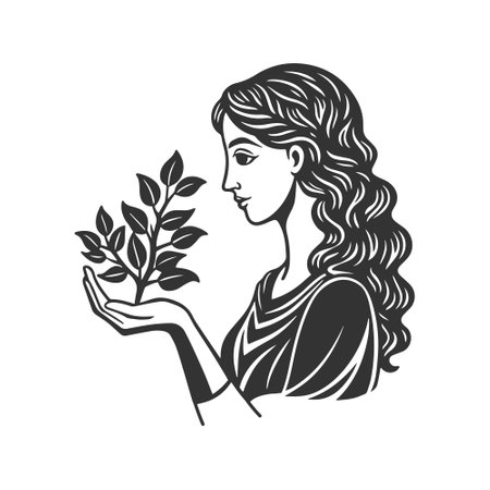 Woman holding growing tree, mental health, self care or gardening. Black and white silhouette illustration. Soon. Vectorのイラスト素材