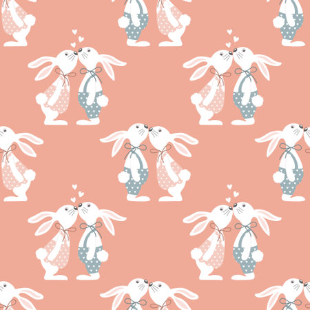 Seamless pattern, a couple of cute rabbits in love kissing. Illustration for kids, holiday background. Vectorのイラスト素材