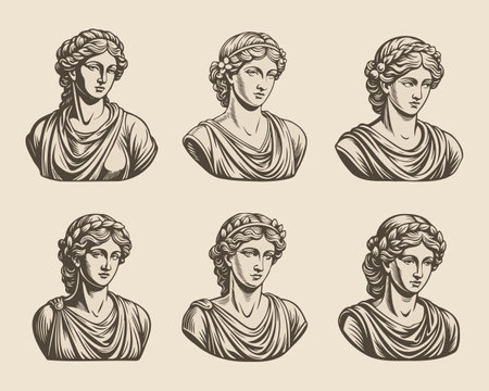 Set of hand drawn heads of antique mythical goddess statues in engraving style. Ancient Greek female sculptures. Vectorのイラスト素材