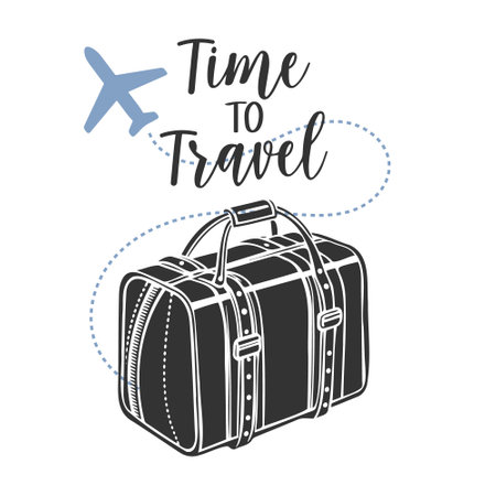 Time to travel lettering with suitcase and airplane. Calligraphic inscription, quote, phrase. Postcard, typographic design, print. Vectorのイラスト素材
