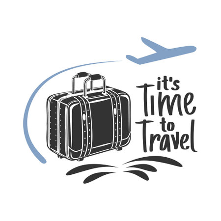 Time to travel lettering with suitcase and airplane. Calligraphic inscription, quote, phrase. Postcard, typographic design, print. Vectorのイラスト素材