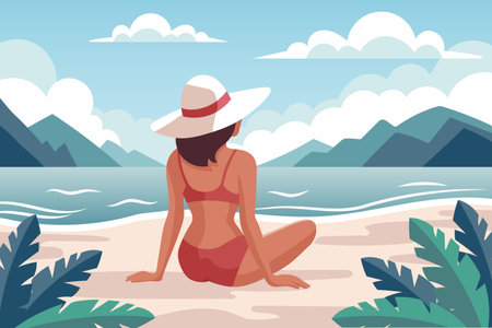 Seascape. Vacation time. Woman on the beach in a swimsuit sunbathing on the background of the see shore. Illustration. Vectorのイラスト素材