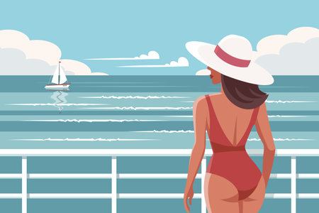 Seascape. Time relax. A young woman in a swimsuit on the beach against the backdrop of a seascape. Illustration. Vectorのイラスト素材