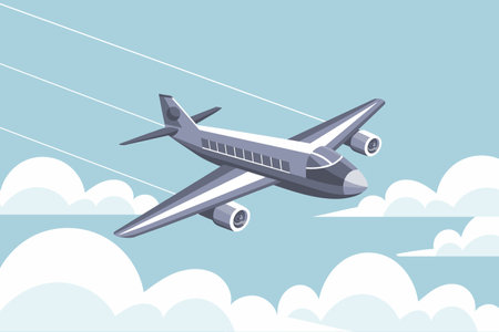 The plane flies in the sky between the clouds. Time for travel and vacation. Illustration, vectorのイラスト素材